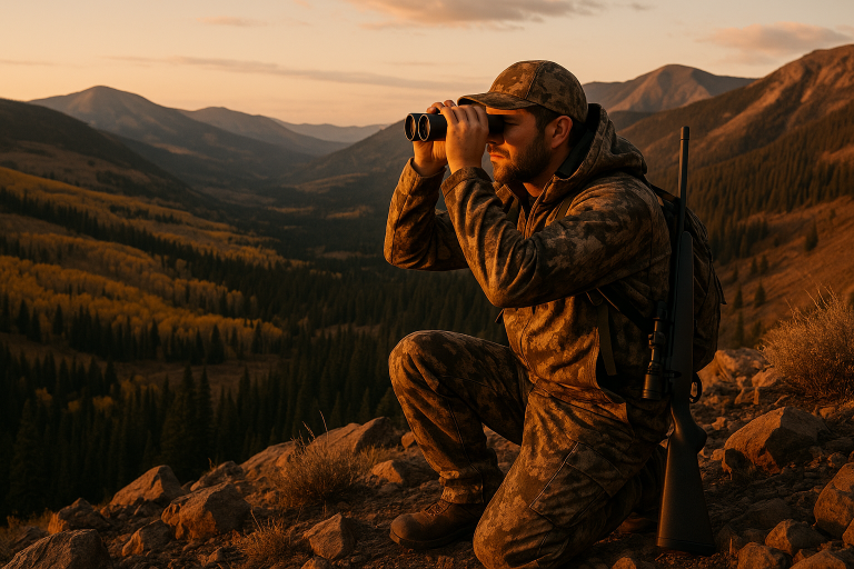 Hunter glassing mountain basins at sunrise with the best hunting binoculars of 2026
